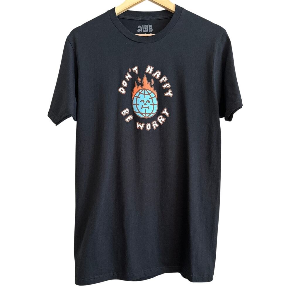 NWOT “Don’t Happy, Be Worry” Graphic Tee – Retro Globe-on-Fire‎ Design – Men’s M